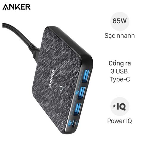 Adapter sạc 4 cổng USB Type C PD 65W Anker PowerPort Atom III Slim A2045 Đen