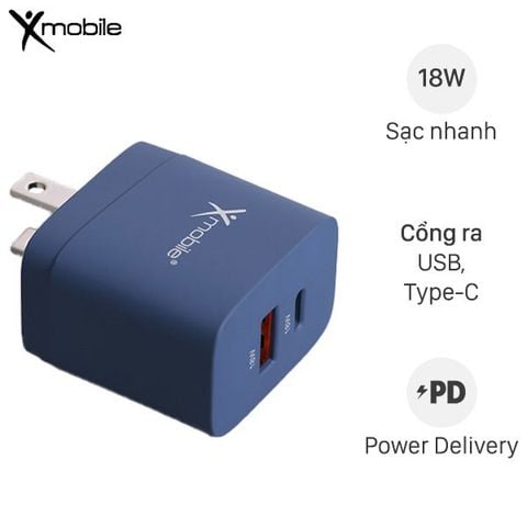 Adapter Sạc 2 cổng Type C PD 18W QC 3.0 Xmobile DS714 Xanh Navy