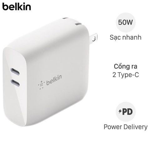 Adapter sạc 2 cổng Type C PD 50W GaN Belkin WCH003 Trắng
