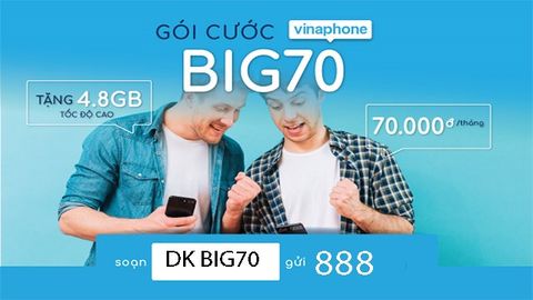 Đăng ký gói BIG70 4G VinaPhone: nhận 4.8GB/tháng, chỉ 70K