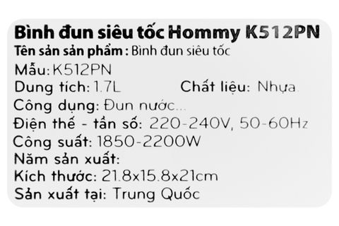 Bình đun siêu tốc Hommy K512PN 1.7L