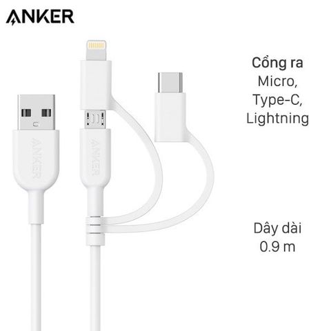 Cáp 3 đầu Lightning Type C Micro 0.9m Anker Powerline II A8436 Trắng