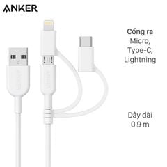  Cáp 3 đầu Lightning Type C Micro 0.9m Anker Powerline II A8436 Trắng 
