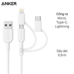  Cáp 3 đầu Lightning Type C Micro 0.9m Anker Powerline II A8436 Trắng 