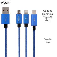  Cáp 3 đầu Lightning Type C Micro 1m eValu Spanker B Xanh Dương 