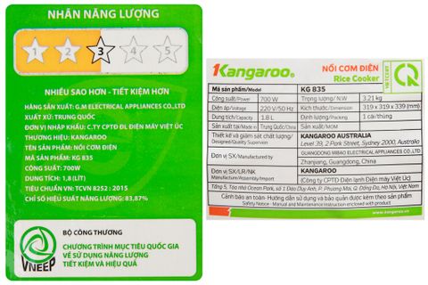 Nồi cơm điện nắp gài Kangaroo KG835 1.8L