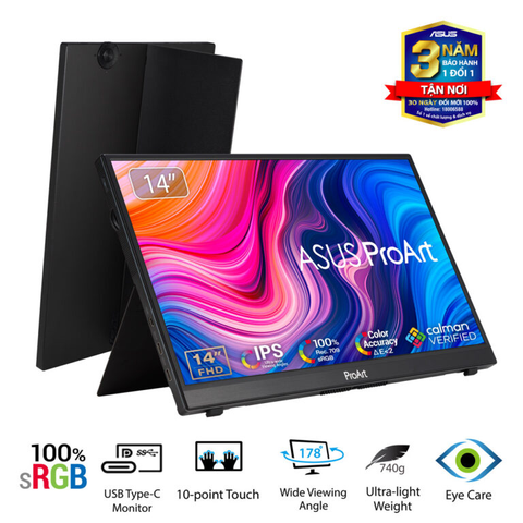 Màn Hình Di Động Cảm Ứng ASUS PROART PA148CTV 14″ IPS 100% sRGB, 100% Rec.709, Color Accuracy ΔE < 2, chứng nhận Calman Verified, USB-C