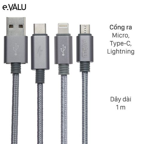 Cáp 3 đầu Lightning Type C Micro 1m eValu Spanker B