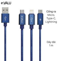  Cáp 3 đầu Lightning Type C Micro 1m eValu Spanker B Xanh Biển 
