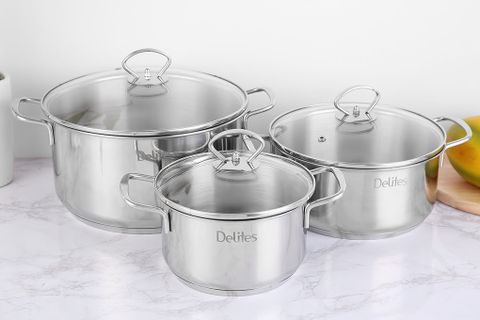Bộ 3 nồi inox 3 đáy nắp kính Delites NR001-B3