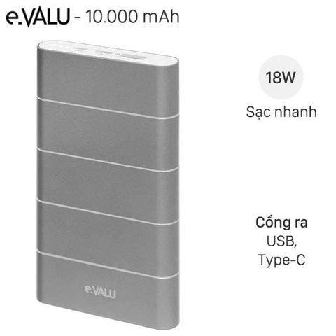 Pin sạc dự phòng Polymer 10.000 mAh QC 3.0 eValu PA F1 Air Nhôm Bạc