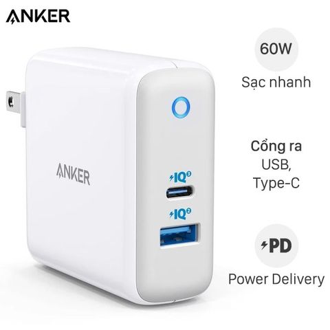 Adapter sạc 2 cổng USB Type C PD 60W Anker PowerPort Atom III A2322 Trắng