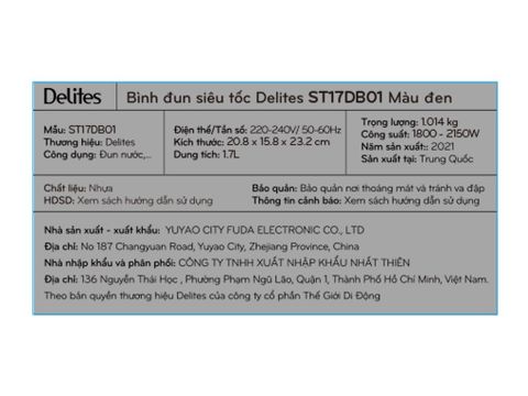 Bình siêu tốc Delites ST17DB01 Màu Đen