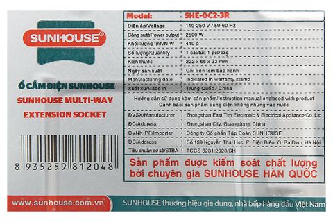 Ổ cắm điện Sunhouse 3 lỗ 2.5m SHE-OC2-3R