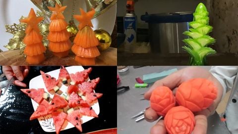 4 cách cắt tỉa củ quả, tạo hình cây thông Noel trang trí món ăn Giáng sinh