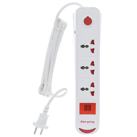 Ổ cắm Điện Quang 3 lỗ 3 chấu 2USB 2m DBW103USB Trắng