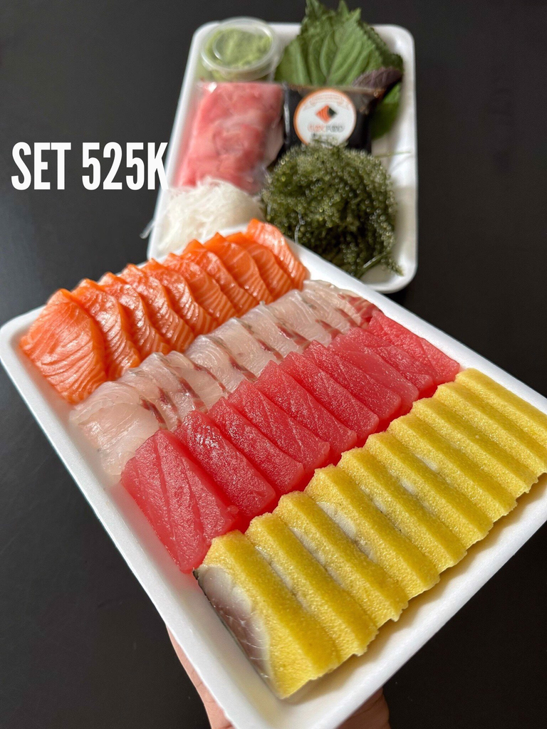 Set Sashimi 525k (100 gram cá hồi, 100 gram cá chẽm, 100 gram cá ngừ, 100 gram cá trích)