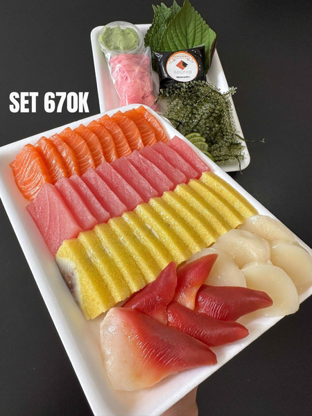 Set 670 ( 100g hồi, 100g ngừ, 100g trích, 5 điệp, 5 sò đỏ )