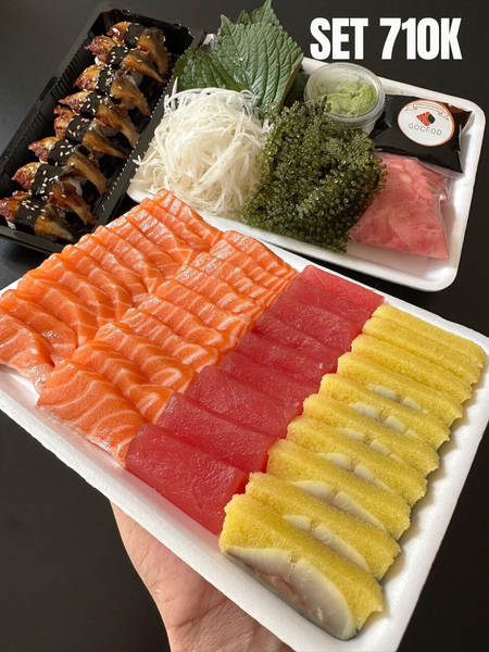 Set 710K ( 200g bụng hồi, 100g ngừ, 100g trích, 1 sushi lươn Nhật )