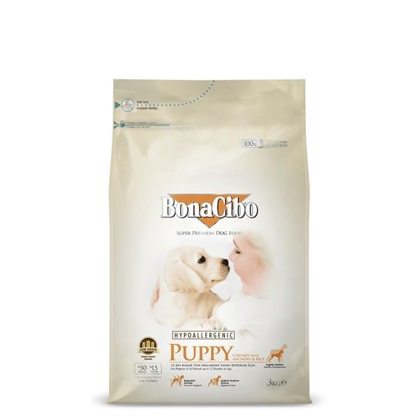 Thức ăn chó con giàu vitamin, omega 3 và khoáng chất giúp lông chắc khỏe, sáng bóng- thịt gà cá cơm và gạo- BONACIBO 8694686406106