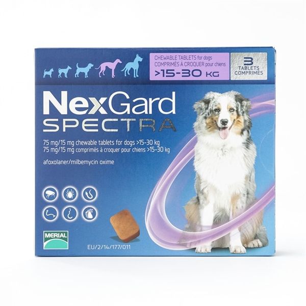 Viên Nhai Nexgard Spectra trị bọ chét, ve, giun tim và giun tròn, và trị ghẻ