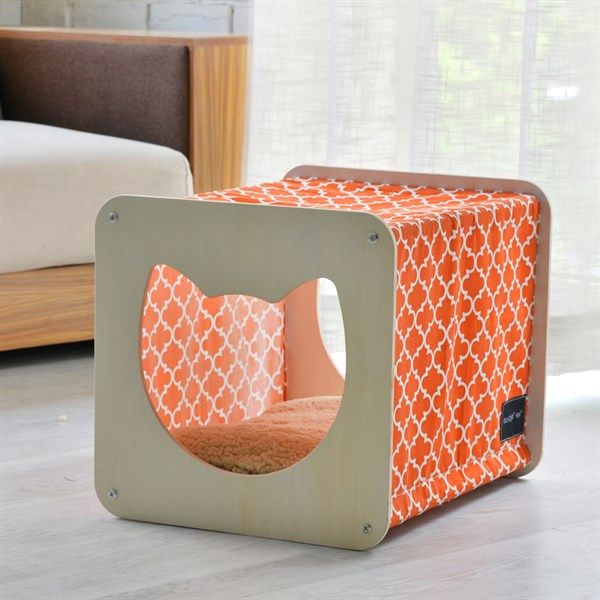 Nhà nệm gỗ vuông kiểu đầu mèo - Cam 39x47x38cm | Loffepet