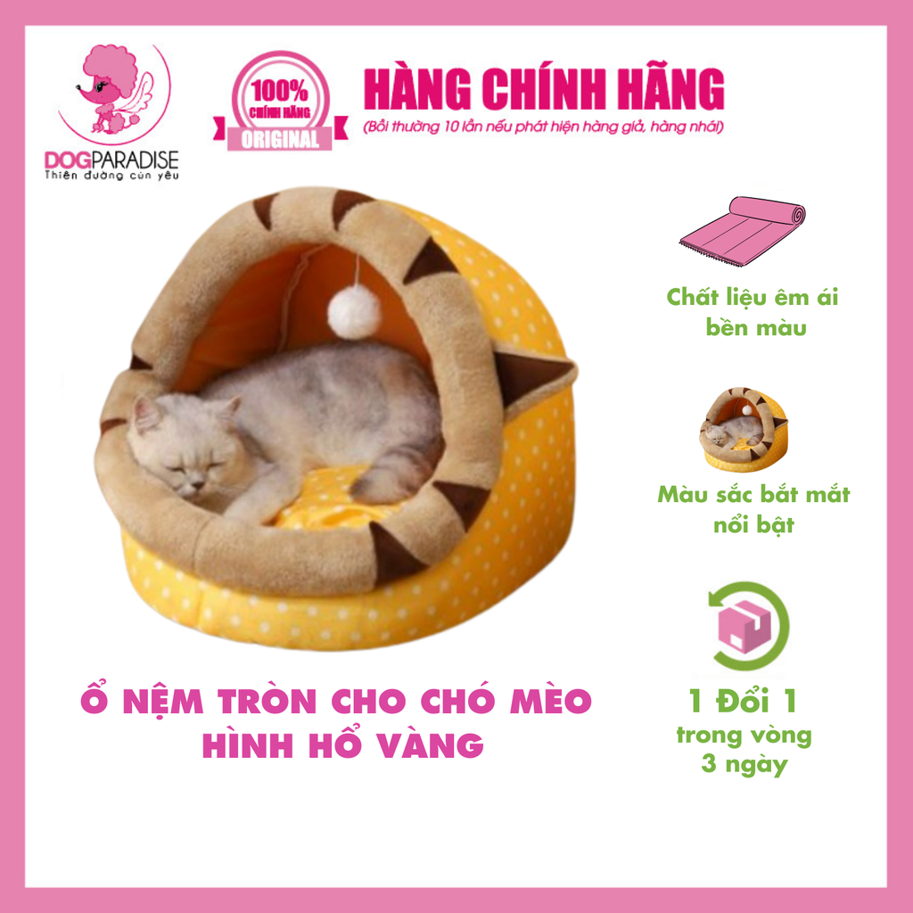 Ổ nệm tròn cho chó mèo hình hổ vàng kèm gối nằm êm ái 40*40*40cm.