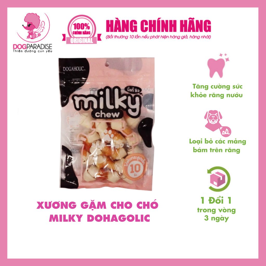 Xương gặm cho chó Milky Chew Dogaholic bổ sung canxi làm sạch răng túi 200g (size S 10 cục)