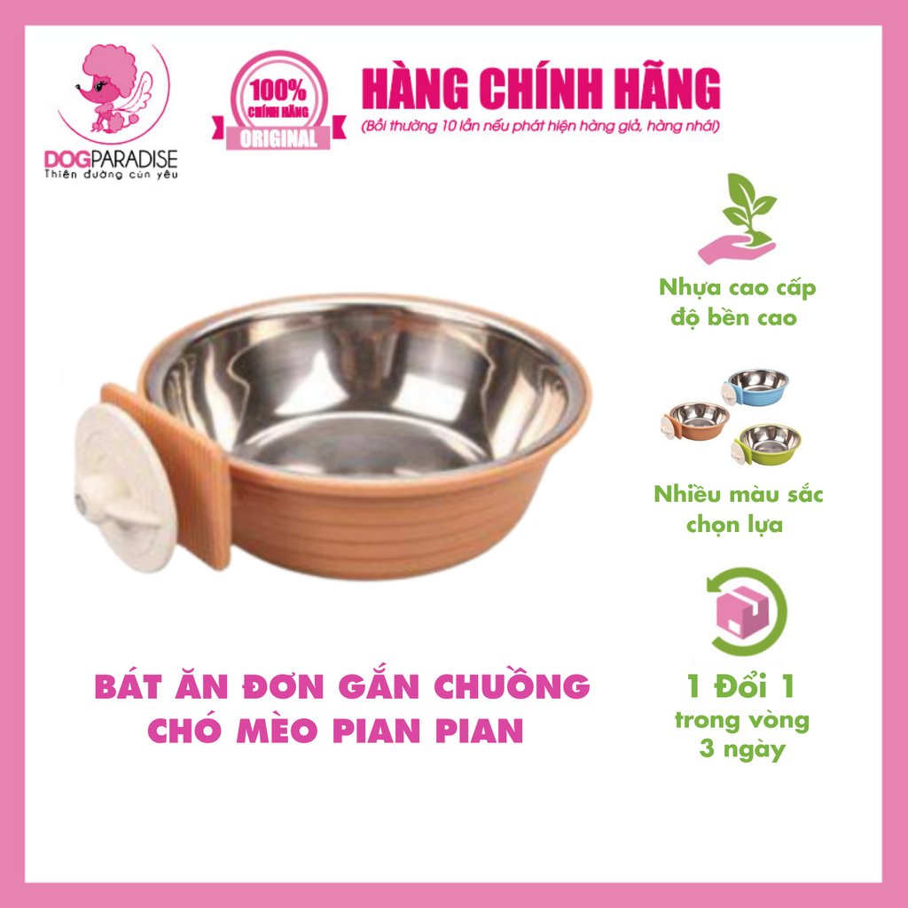 Bát ăn đơn gắn chuồng Pian Pian dành cho chó mèo chất liệu nhựa cao cấp và inox không gỉ.