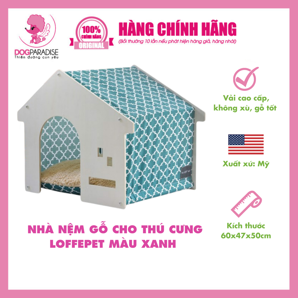 Nhà nệm gỗ cho thú cưng - Xanh 60x47x50cm | Loffepet