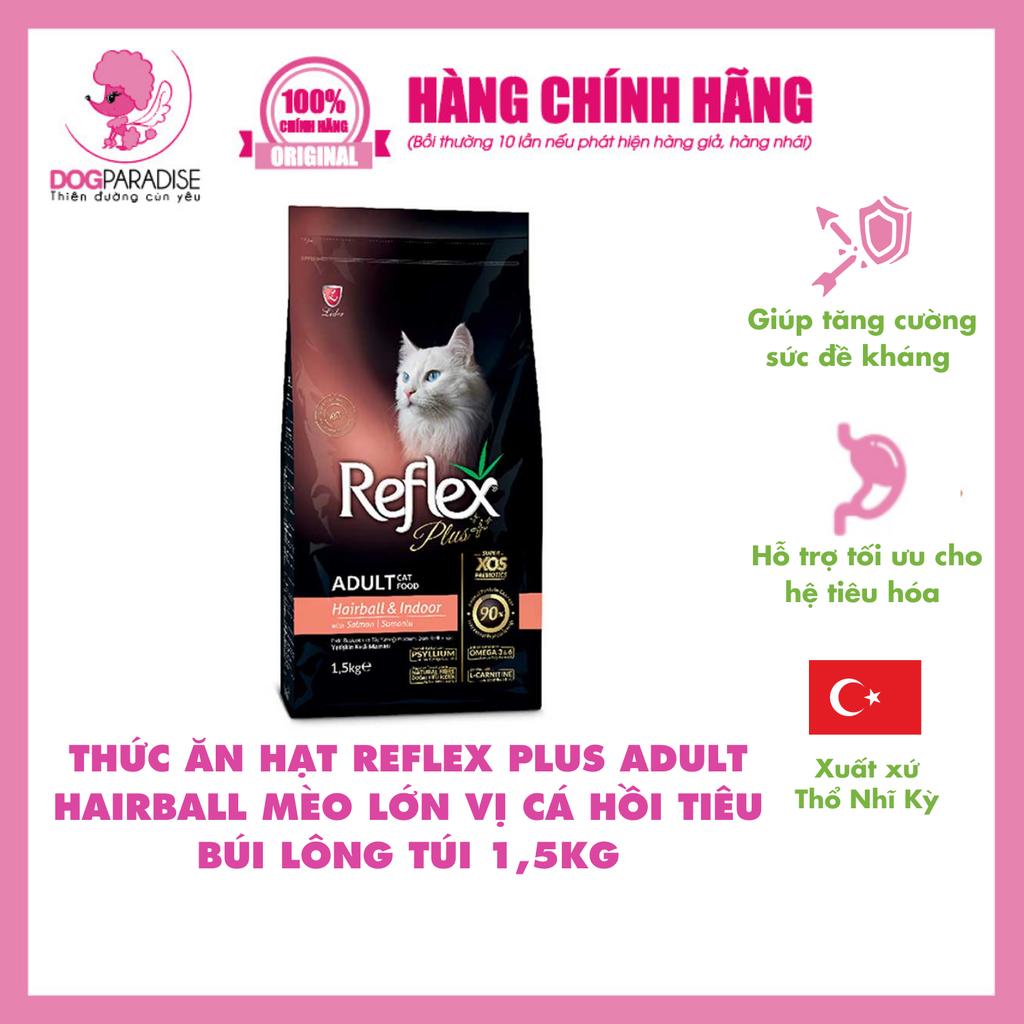 Thức ăn hạt cho mèo trưởng thành vị cá hồi hỗ trợ trị búi lông 1.5kg REFLEX PLUS RPC636