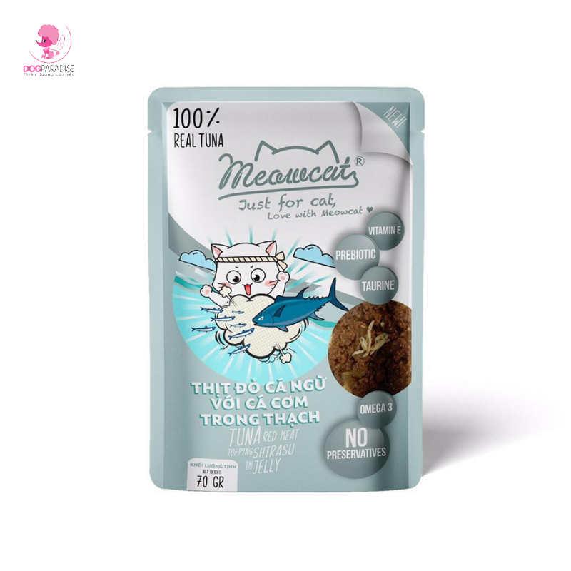 Thức ăn cho mèo vị thịt đỏ cá ngừ với cá cơm trong thạch 70g MEOWCAT