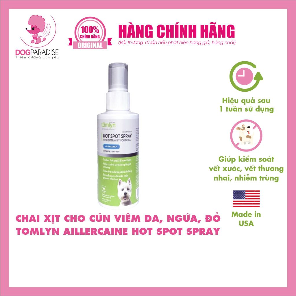 Chai xịt viêm da, ngứa, đỏ cho chó Tomlyn Allercaine Hot Spot Spray for Dogs