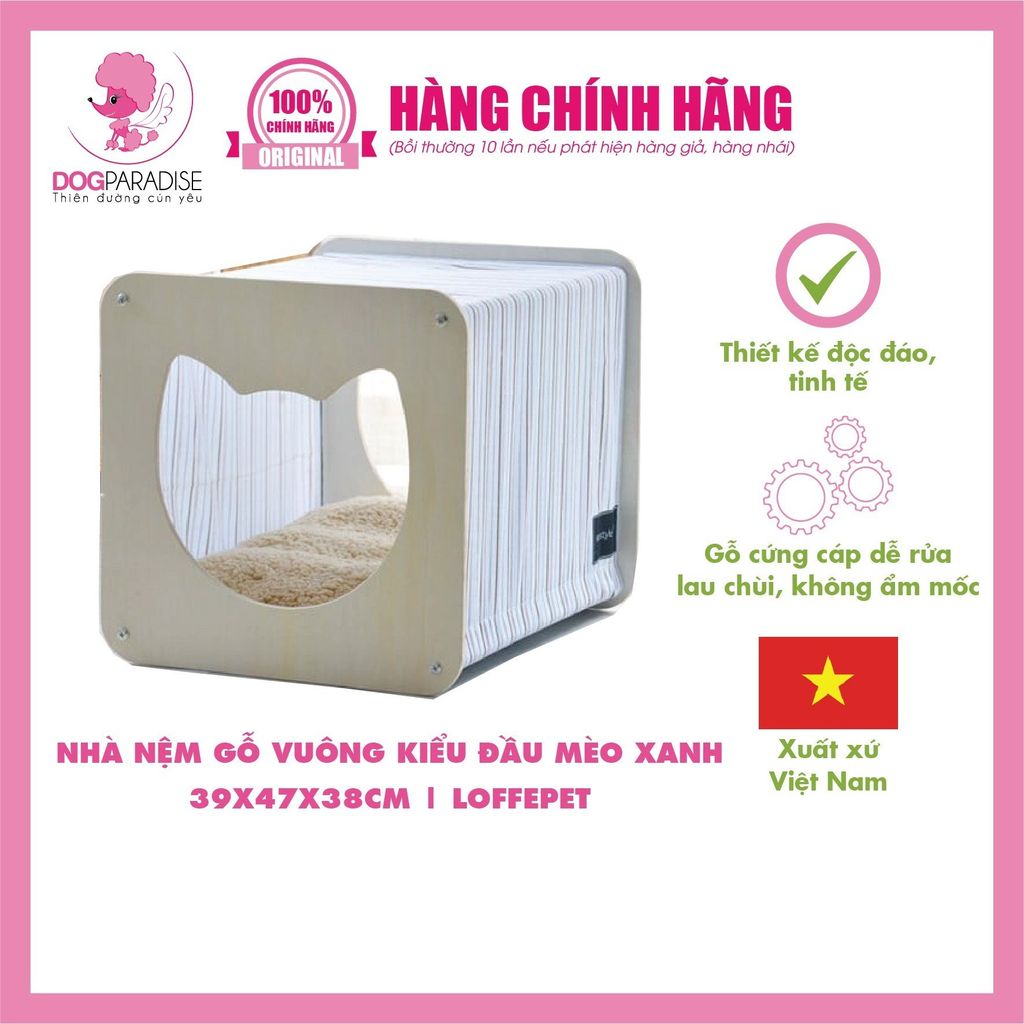 Nhà nệm gỗ vuông kiểu đầu mèo - Xanh Nhạt 39x47x38cm | Loffepet