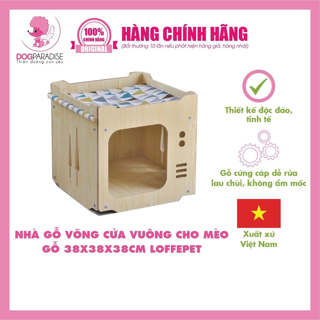 Nhà gỗ võng cửa vuông cho mèo - Gỗ 38x38x38cm | Loffepet