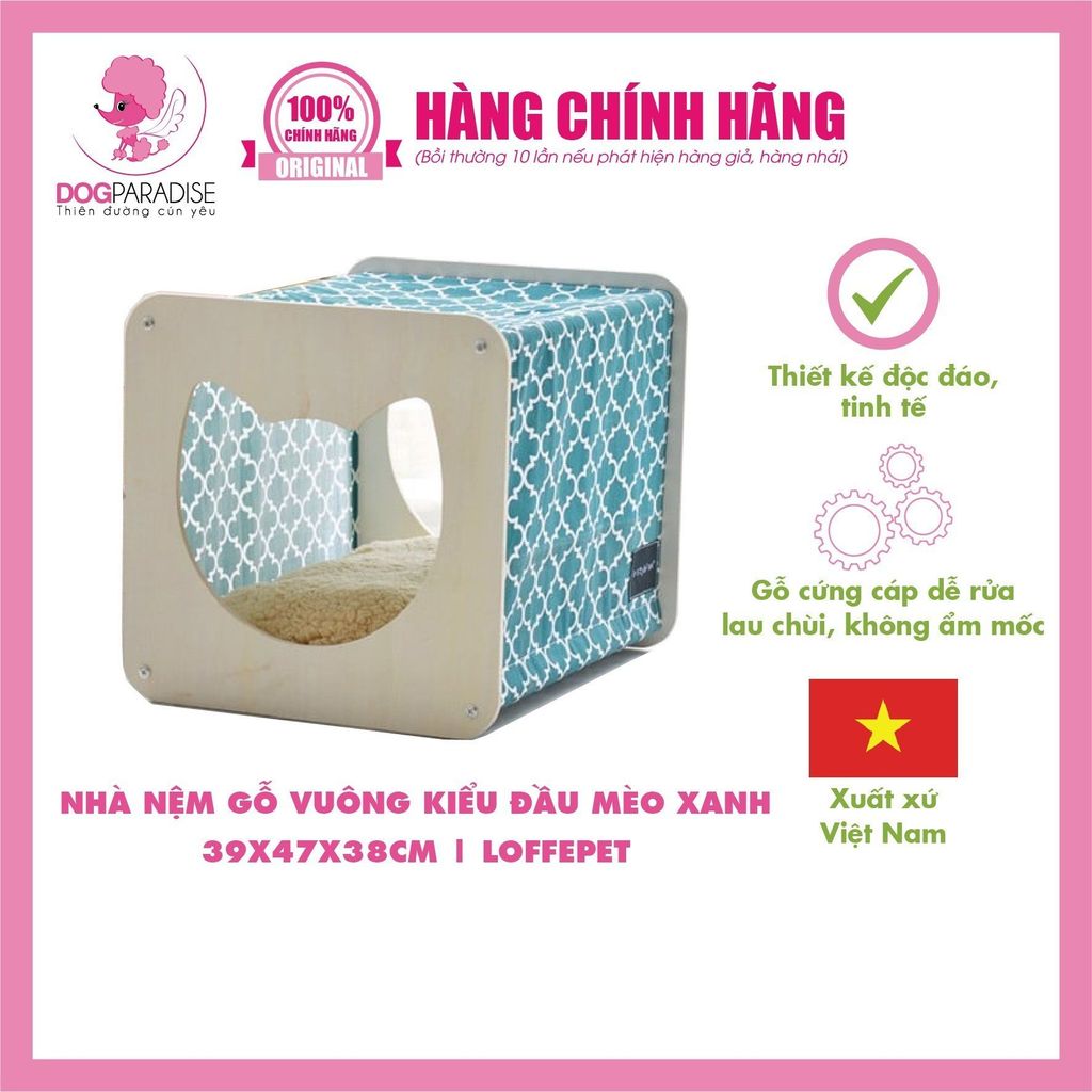 Nhà nệm gỗ vuông kiểu đầu mèo - Xanh 39x47x38cm | Loffepet