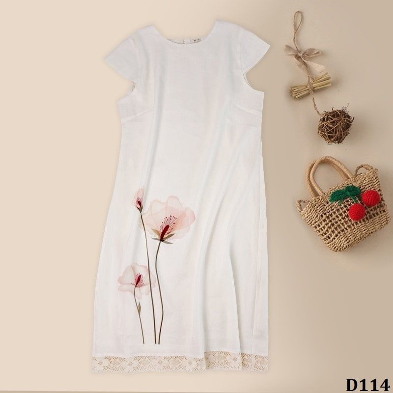  D114-Đầm Linen In Vẽ Hoa Phối Ren 