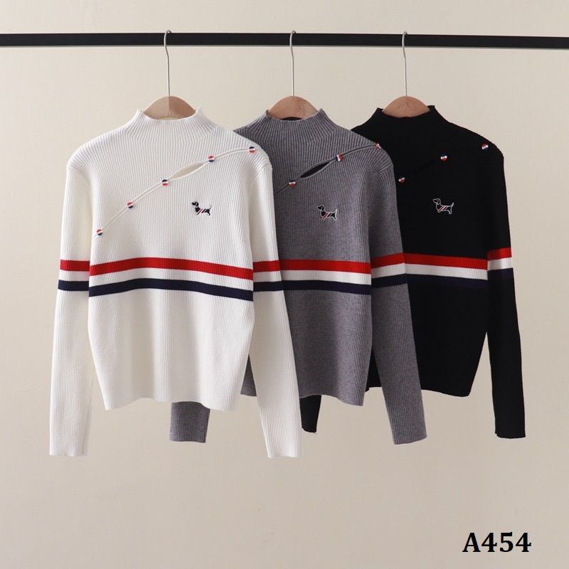  A454-Áo Len Cún Cưng Kẻ Sọc Dài Tay Cổ Lọ Vạt Cắt Nghệ Thuật 