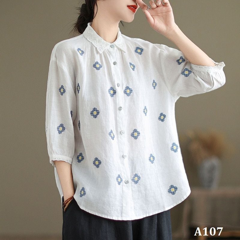  A107-Áo Linen Cổ Ren Tay Lỡ 