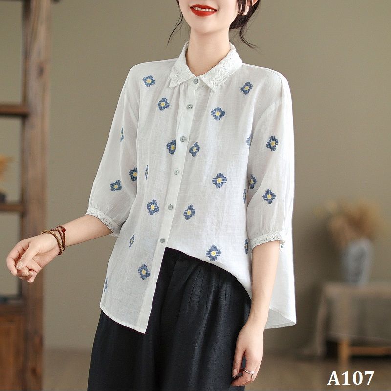  A107-Áo Linen Cổ Ren Tay Lỡ 