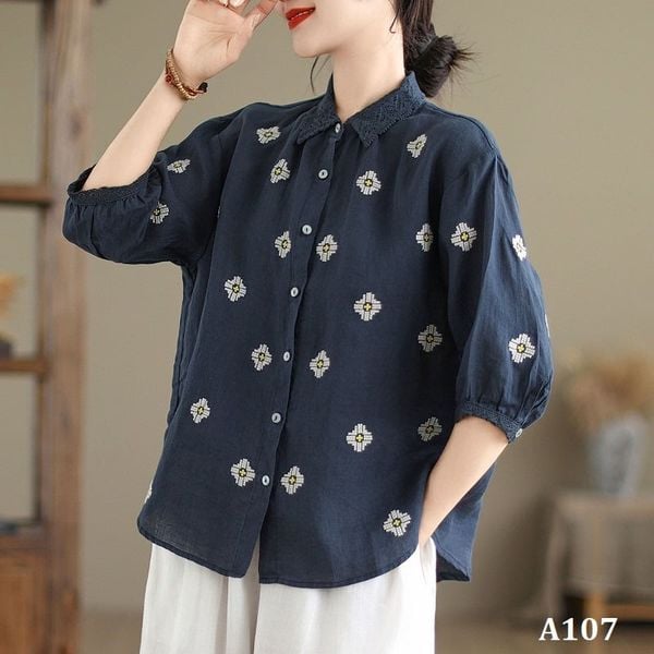  A107-Áo Linen Cổ Ren Tay Lỡ 