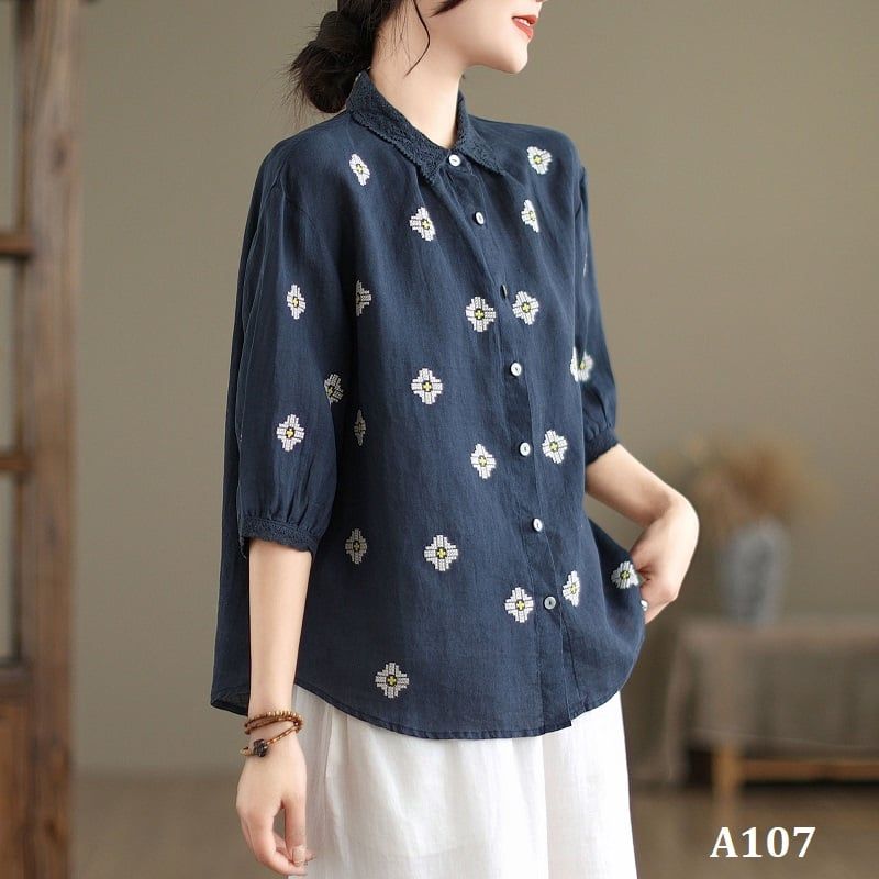  A107-Áo Linen Cổ Ren Tay Lỡ 