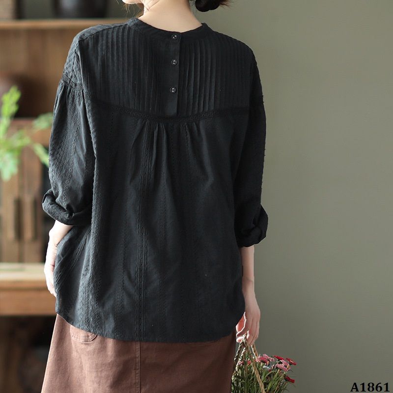  A1861-Áo Xếp Ly Phối Ren Retro Cổ điển 