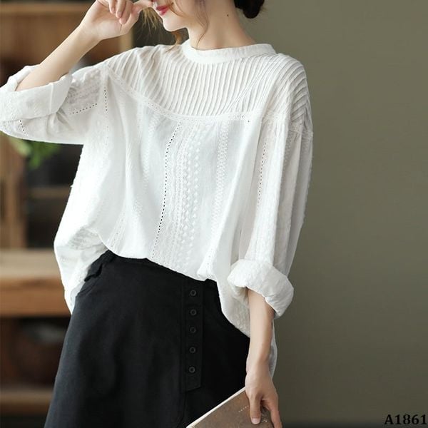  A1861-Áo Xếp Ly Phối Ren Retro Cổ điển 