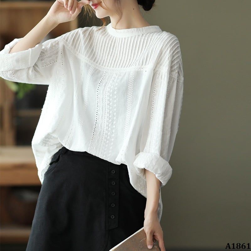  A1861-Áo Xếp Ly Phối Ren Retro Cổ điển 