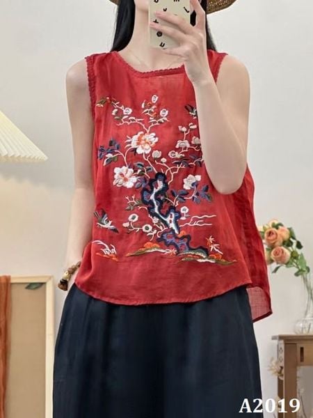 A2019-Áo Ramie Ngắn Tay Thêu Hoa Phong Cảnh 