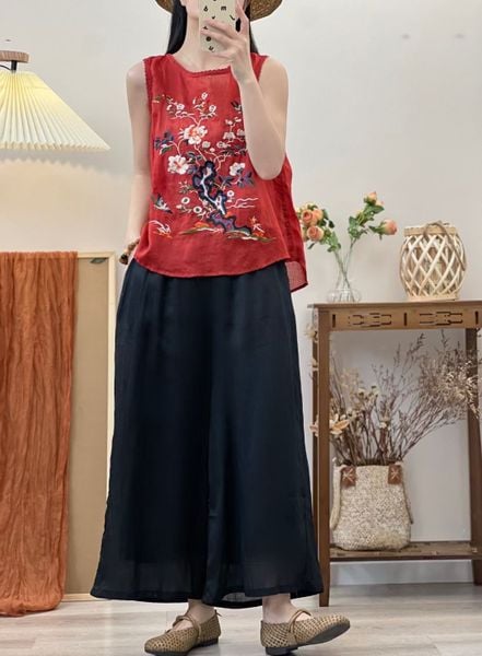  A2019-Áo Ramie Ngắn Tay Thêu Hoa Phong Cảnh 