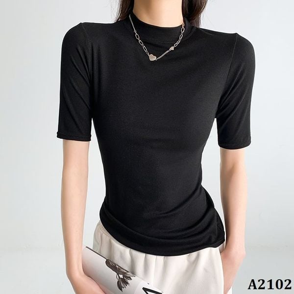  A2102-Áo Thun Lụa Cổ Đứng Tay Ngắn 