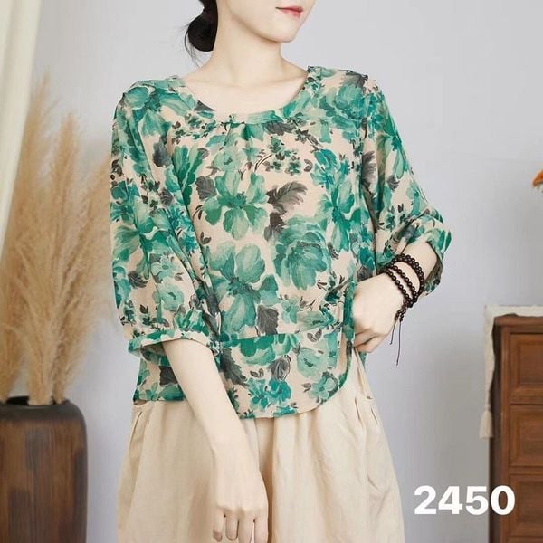  A2112-Áo 2450 Linen Pha Ghép Lai Nghệ Thuật Cổ Điển 