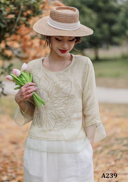 A239-Áo Ramie Thêu Hoa Đại Phối Lưới 